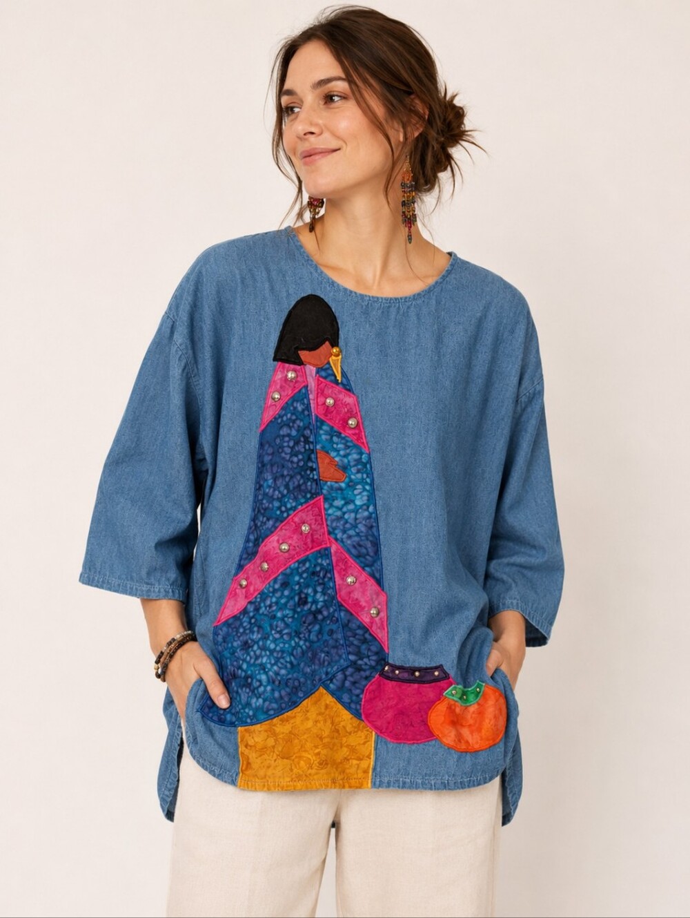 Alfredo's Wife USA Artisan Appliqué Denim Tunic Top Folk Art Lady Pockets XS